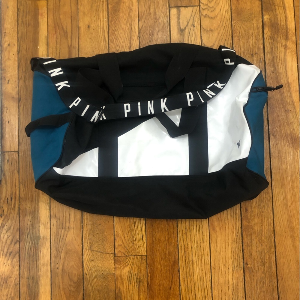 PINK Victoria's Secret Duffle Bag Black Teal White Colorblock Logo Strap